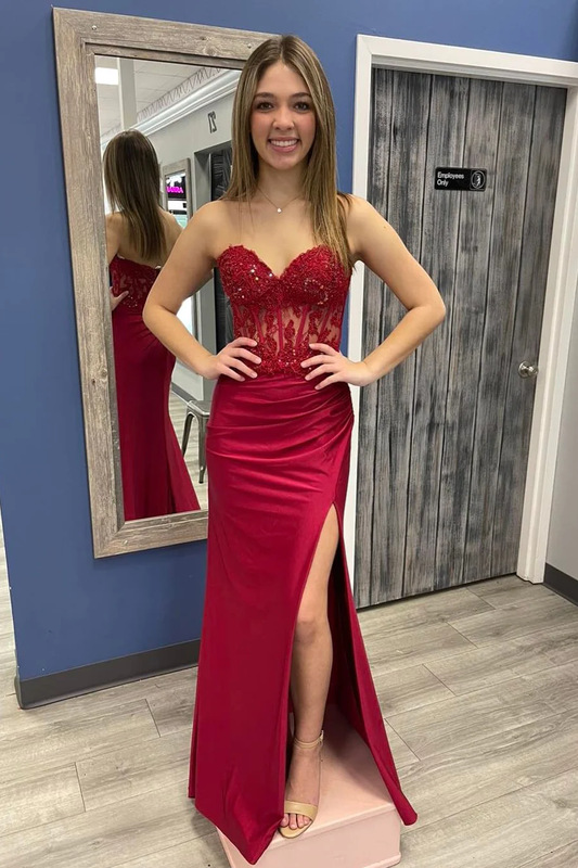 Wine Red Strapless Mermaid Appliques Long Prom Dress with Slit,DP029