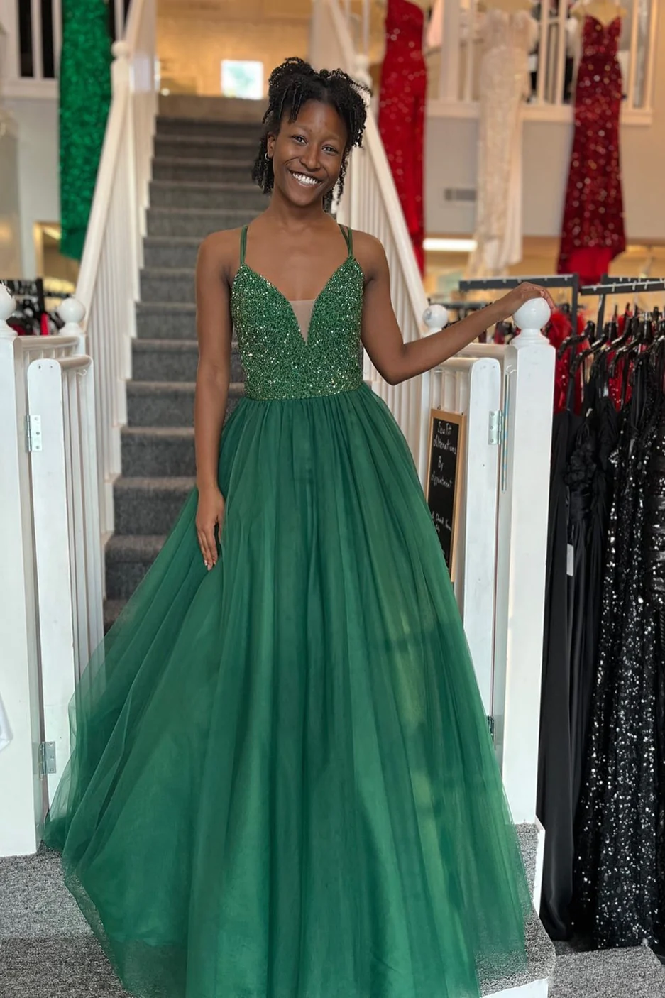 Green Tulle Sequin Lace-Up Back A-Line Prom Gown,DP037