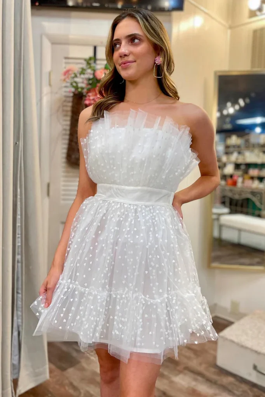 White Polka Dot Strapless Ruffle Short Prom Dress Tulle Homecoming Dress, DP2577