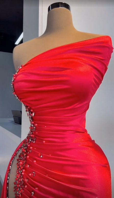 Sexy Red Beaded Satin Long Prom Dress with High Slit,DP835