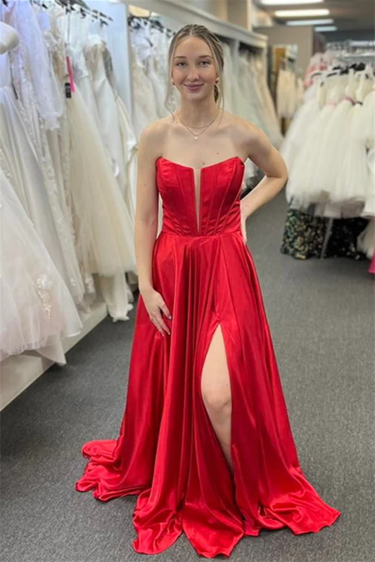 Red Satin Strapless A-line Bow Long Prom Dress with Slit,DP09