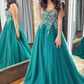 Emerald Green Tulle Floral Lace Strapless A-Line Prom Gown,DP046