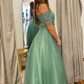 Sea Glass Tulle A-line V Neckline Off-Shoulder Long Prom Dress,DP042