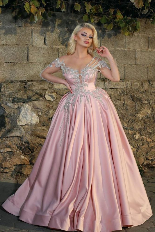 Gorgeous Princess V-neck Long Sleevess Prom Dresses With Beads Pink Ball Gowns,DP0145