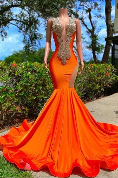 Orange Long Mermaid Beading Black Girl Prom Dress, DP2308