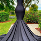 Black Long Mermaid V Neck Appliques Lace Sequined Black Girl Prom Dress, DP2306