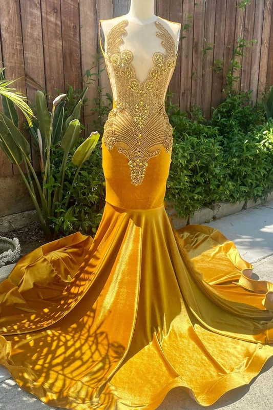 Gold Velvet Appliques Beadings Mermaid Black Girl Evening Dress, DP2654