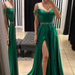 Off Shoulder Beaded Green Satin Long Prom Dresses with High Slit,DP056