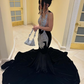 Charming Black Girl Appliques Velvet Mermaid Evening Prom Dress, DP2364