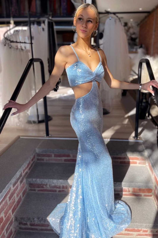 Light Blue Sequin Twist-Front Lace-Up Mermaid Long Prom Gown,DP035