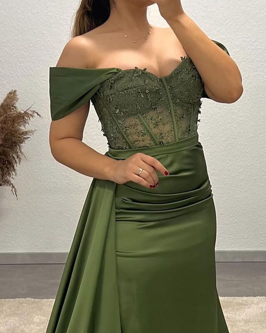 Olive Green Mermaid Satin Applique Gown Prom Dress,DP0100