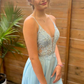 Light Blue Lace Plunge Neck A-Line Prom Dress with Slit,DP051