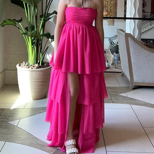Hot Pink A-Line Strapless Layers Cute Party Dress, DP2581