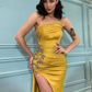 Plain Off Shoulder Rhinestone Split Bodycon Maxi Yellow Prom Dress,DP071