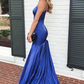 Simple Blue Satin Mermaid Long Prom Dresses Evening Dresses,DP070