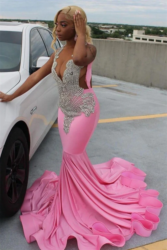 Pink V-Neck Beadings Black Girl Mermaid Long Prom Dress, DP2653