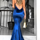 Glossy Navy Blue Mermaid Prom Dresses Sexy Open Back Evening Gowns,DP055