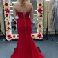 Red 3D Floral Lace Strapless Mermaid Long Prom Dress,DP052