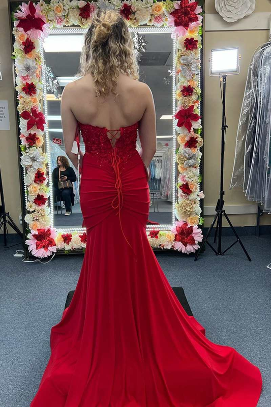 Red 3D Floral Lace Strapless Mermaid Long Prom Dress,DP052
