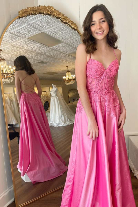 Hot Pink Floral Appliques Lace-Up A-Line Prom Gown,DP045