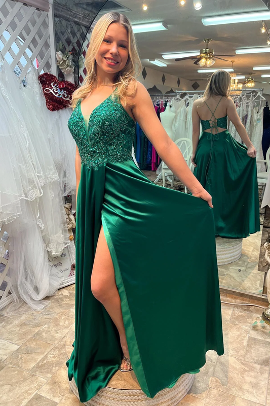 Dark Green V Neck Lace-Up Back Beaded Appliques Long Prom Dress with Slit,DP020