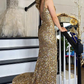 Gold Sequin Square Neck Backless Mermaid Long Formal Dress with Slit,DP048