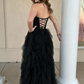 Black Sweatheart Strapless Tulle Ruffles Long Prom Dress with Slit, DP2576