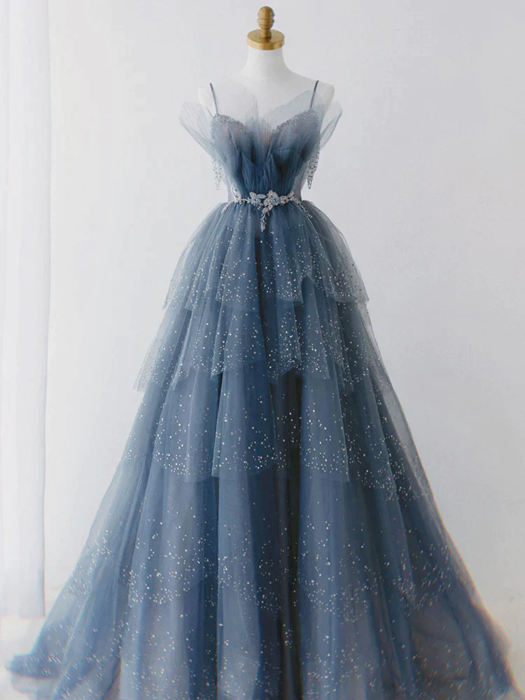 Blue tulle sequins long ball gown formal dress long prom dress,DS4513