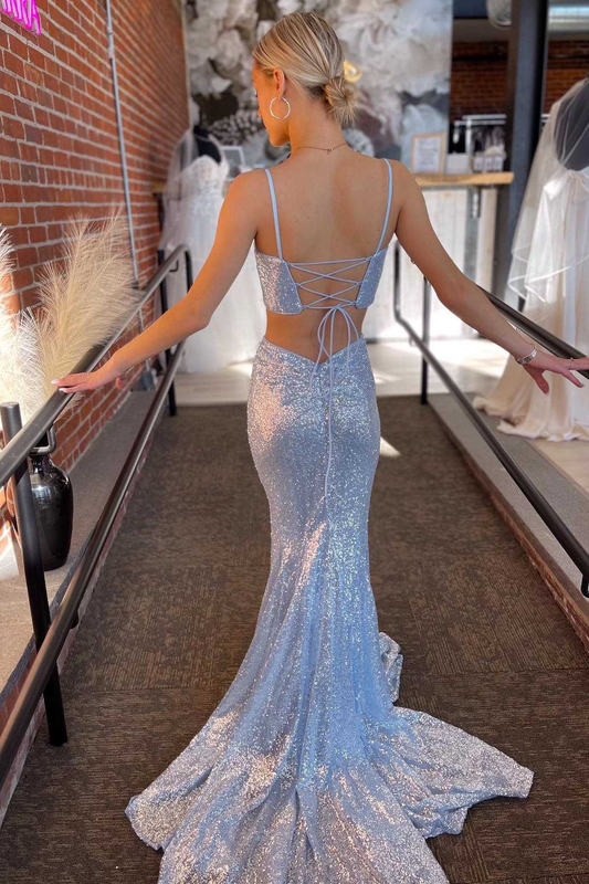 Light Blue Sequin Twist-Front Lace-Up Mermaid Long Prom Gown,DP035