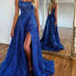 Royal Blue Sparkle Tulle Sequined Slit Long Prom Dress with Beads,DP984