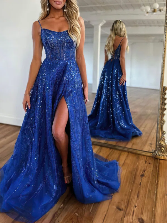 Royal Blue Sparkle Tulle Sequined Slit Long Prom Dress with Beads,DP984