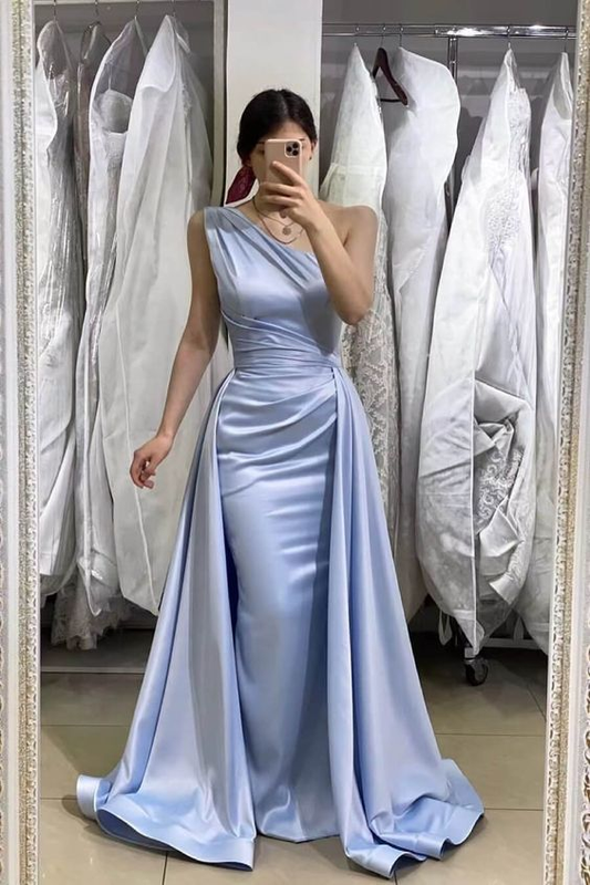 Light Blue One-Shoulder Sleeveless Long Mermaid Prom Dress,DP066