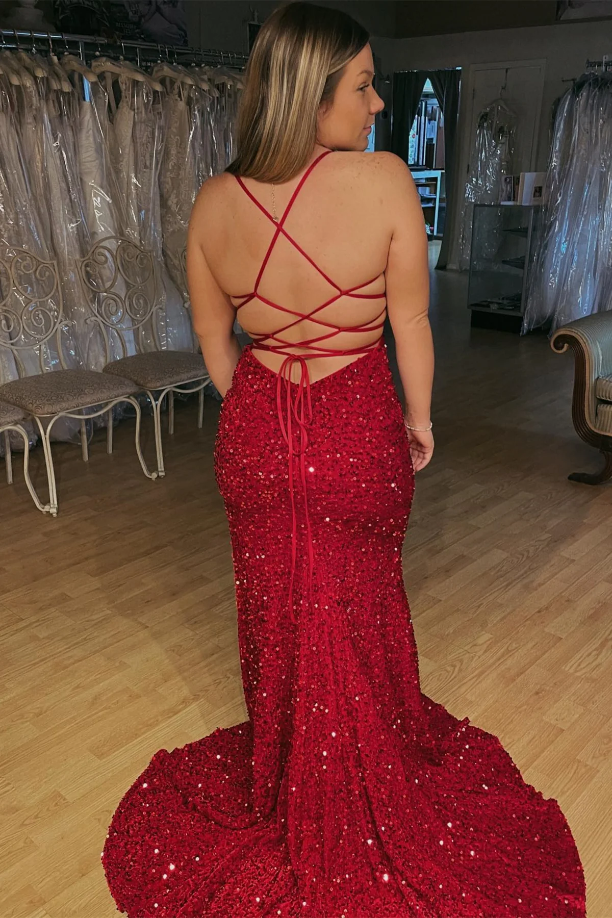 Burgundy Mermaid Lace-Up Back Sequins Long Prom Dress with Slit,DP034