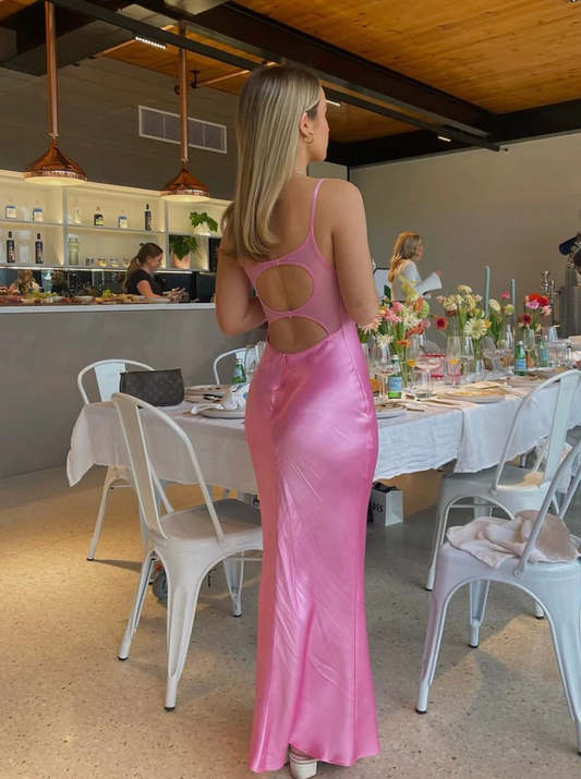 Pink Spaghetti Straps Sheath Satin Long Party Dress, DP2460