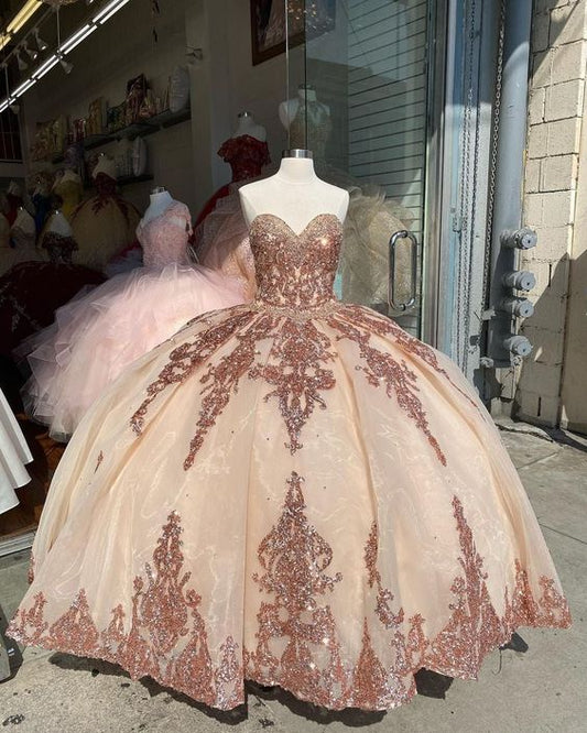 Rose Gold Sequins Applique Quinceanera Dresses Sweetheart Lace-up Corset Ruffles Tiered Princess Ball Gown,DS4607