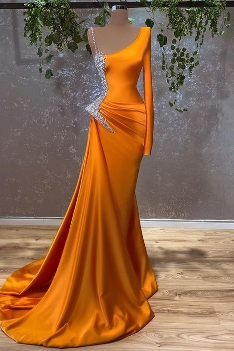 Modern Burnt Orange Long Sleeves Mermaid Prom Dress With Beads,DS4656