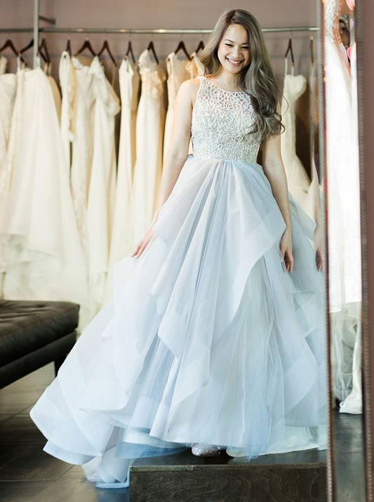 LIGHT BLUE BALL GOWN ROUND NECK TULLE PROM DRESS,DS2990