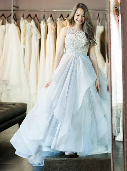 LIGHT BLUE BALL GOWN ROUND NECK TULLE PROM DRESS,DS2990