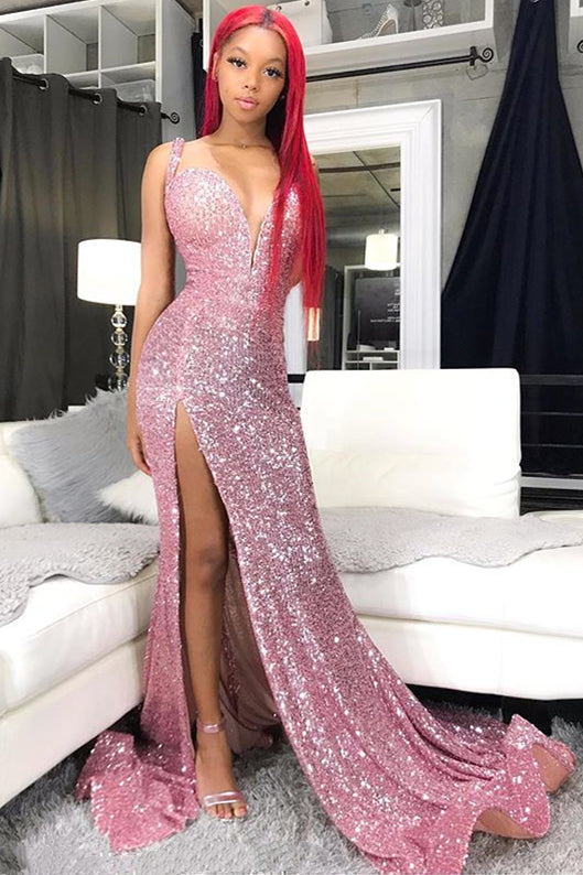 Sequins Pink Prom Dresses Cheap 2020 | Mermaid Sexy Slit Formal Evening Gowns Long,DS2861