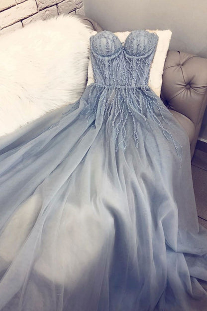 Blue sweetheart tulle long prom dress blue tulle formal dress,DS2332