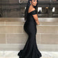 Black Off-the-shoulder Floor-length Backless Mermaid Prom Dress,F04794