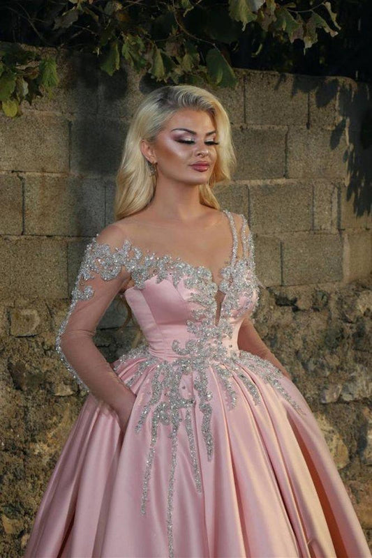 GORGEOUS PRINCESS V-NECK LONG SLEEVESS PROM DRESSES WITH BEADS PINK BALL GOWNS,DS3565