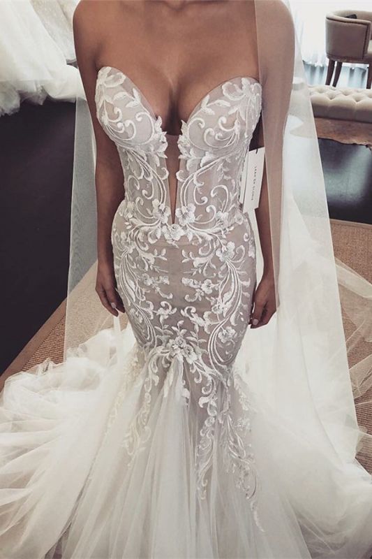 Stunning Sleeveless Lace Appliques Bridal Gown | Sweetheart Ruffles Mermaid Wedding Dresses,DS2917