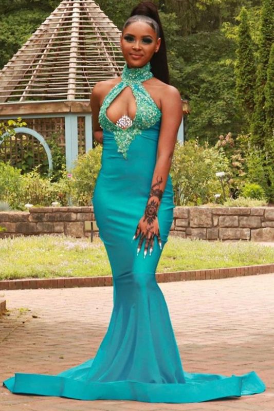 Sexy Halter Turquoise Mermaid Prom Dresses With Sequins,DS2813