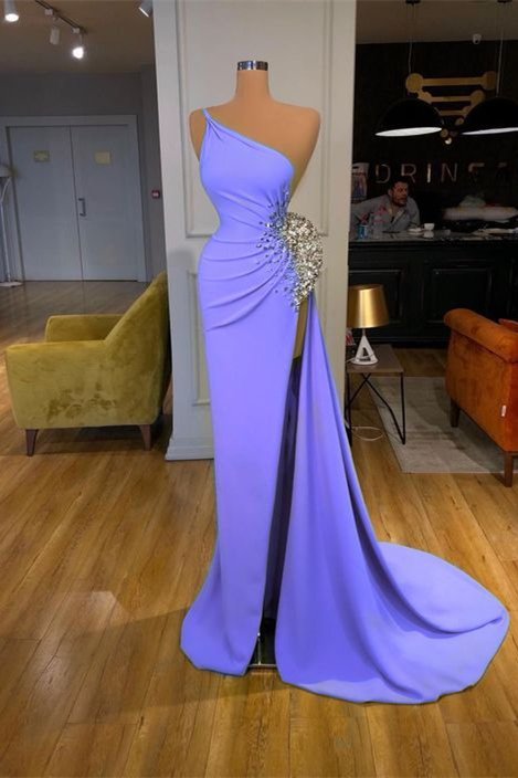 Elegant One Shoulder Long Prom Dress Mermaid With Beads Slit,F04776