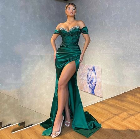 Emerald Green Evening Dresses Off-shoulder Satin Side Split Mermaid Party Dress Long Beaded Formal Banquet Prom Gown,DS4029