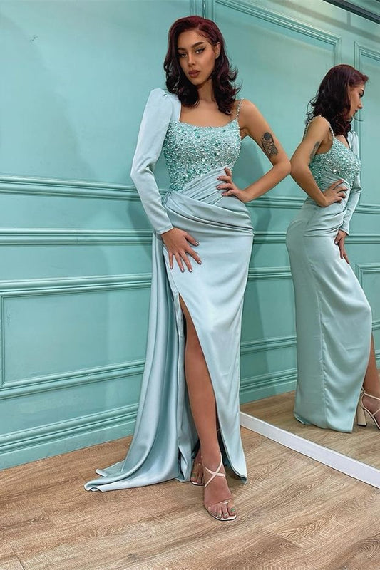 Fabulous Long Sleeves Sequins Prom Dress Mermaid Slit On Sale,DS4677