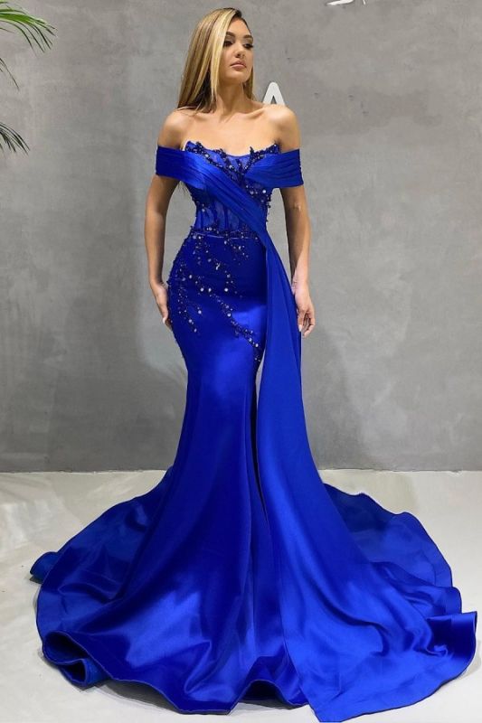 Off The Shoulder Royal Blue Beadings Satin Mermaid Prom Dresses,DS3736