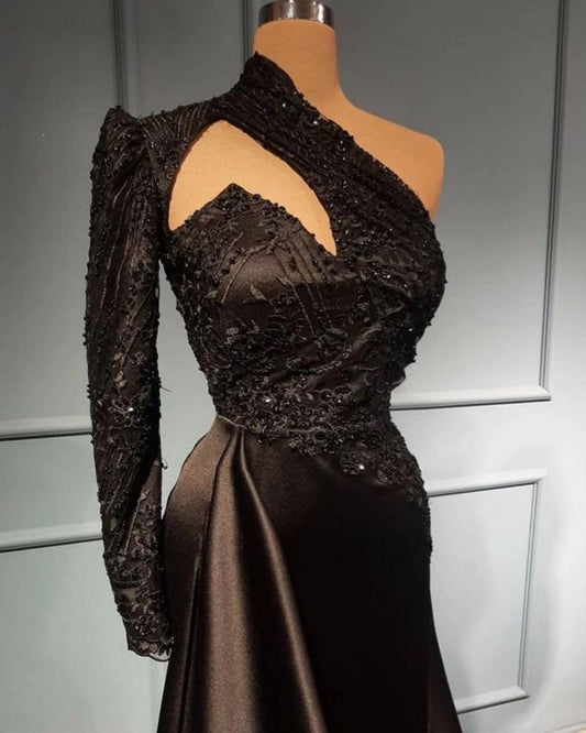 Black One Shoulder Sparkly Lace Satin Mermaid Prom Dress High Neck slim Evening Maxi Dress,DS3724