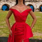 Chic Off-the-Shoulder Red Prom Dress Long Split With Ruffle,F04781